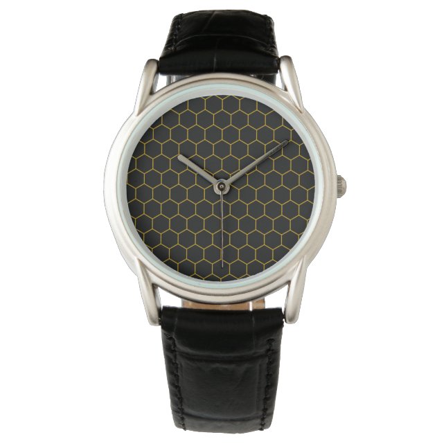 Montre Motif simple et élégant en nid d'abeille noir jaun (devant)