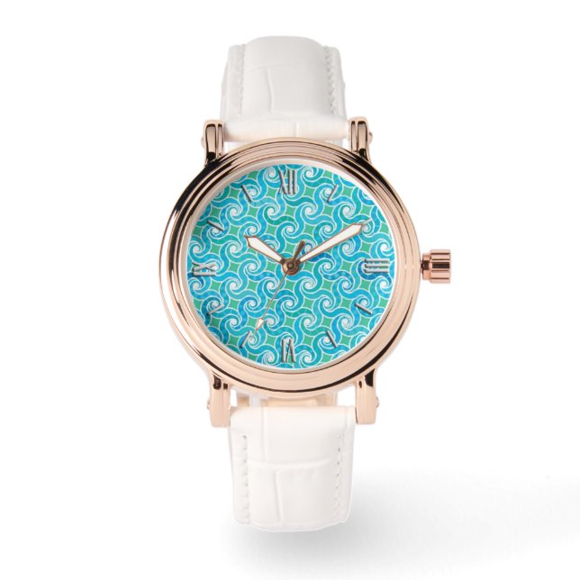Montre motif tourbillon Abstrait, turquoise, vert, bleu (Recto)