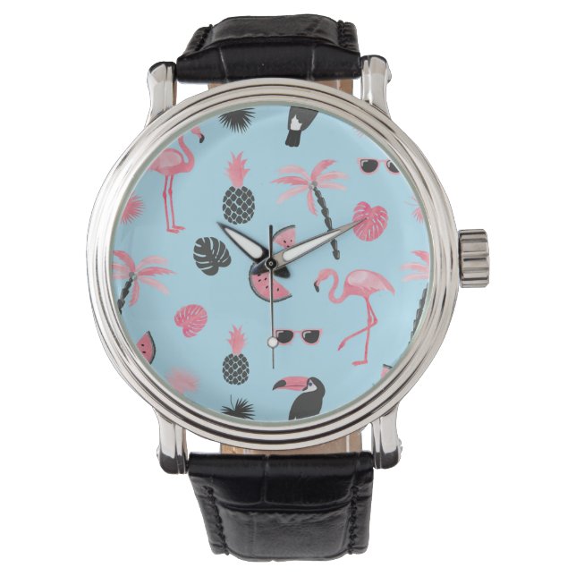 Montre Motif tropical d'été rose et bleu (devant)