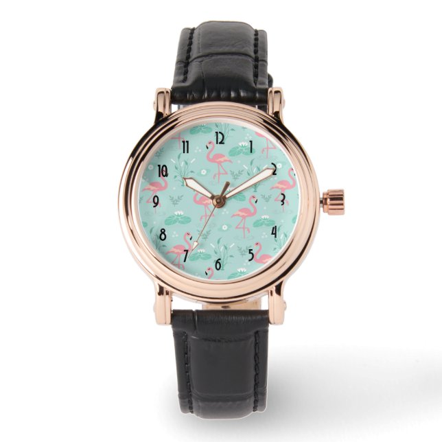 Montre Motif vert Flamants roses rose Pastel (Recto)