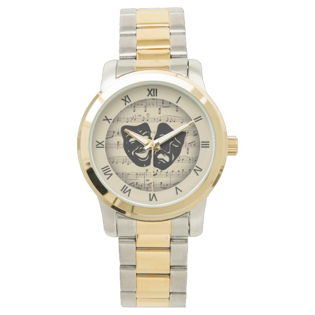 Montre Musique d'or antique et masques de théâtre (devant)
