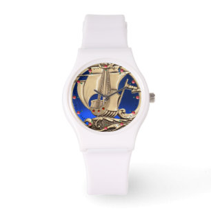 Montre NAVIRE ANTIQUE, VAGUES MARINES, Bleu marine