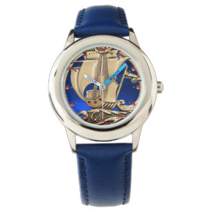 Montre NAVIRE ANTIQUE, VAGUES MARINES, Bleu marine