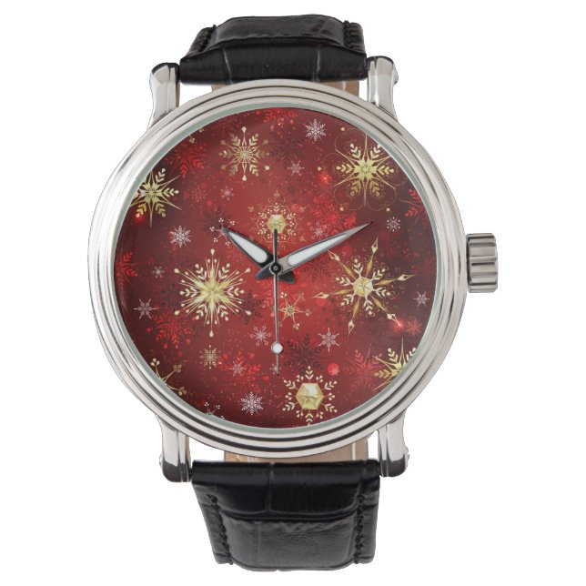 Montre Noël Golden Snowflakes sur Arrière - plan rouge (devant)