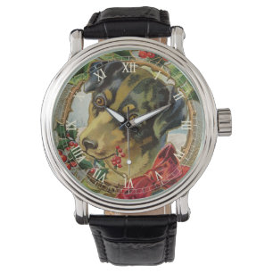 Montre Noël vintage, chiot teckel avec du houx