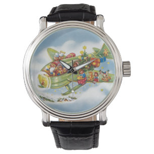 Montre Noël vintage, le Père Noël vole un avion