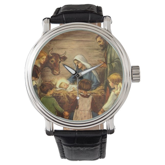Montre Noël Vintage, Nativité Religieuse avec Bébé Jésus (devant)
