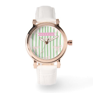Montre Nœud à rayure verte coquette personnalisé féminin