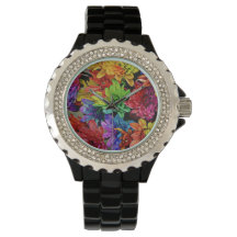 Montre Noir avec Fleurs multicolores