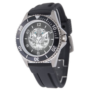 Montre Noir et Blanc Bleu Yeux Design Tiger Cadran