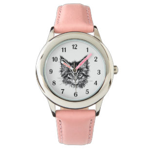 Montre Noir et blanc Kitten Face Chiffres noirs