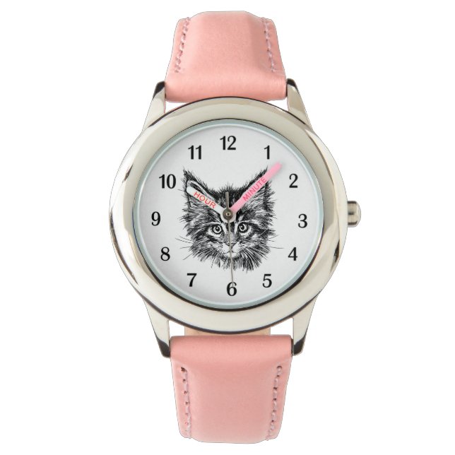 Montre Noir et blanc Kitten Face Chiffres noirs (devant)