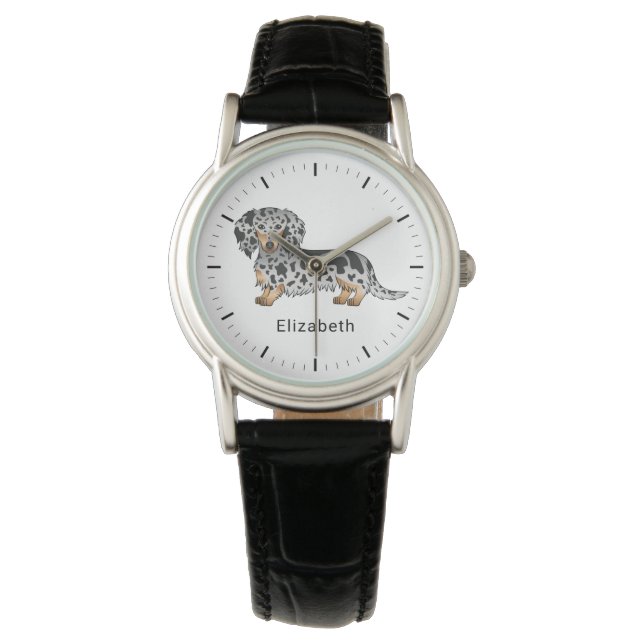 Montre Noir Et Tan Dapper Cheveux Long Dachshund & Nom (devant)
