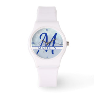 Montre Nom   Aquarelle bleu monogramme