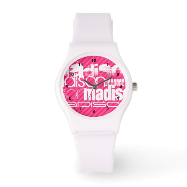 Montre Nom blanc personnalisé Motif sur bandes roses chau (Recto)