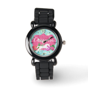 Montre Nom bleu de filles de rose de licorne de fleur