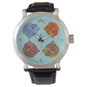 Montre nom d'adresse de quatre chouettes de couleur