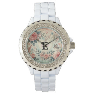 Montre Nom de monogramme Coeurs vintages aquarelle floral