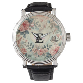 Montre Nom de monogramme Coeurs vintages aquarelle floral