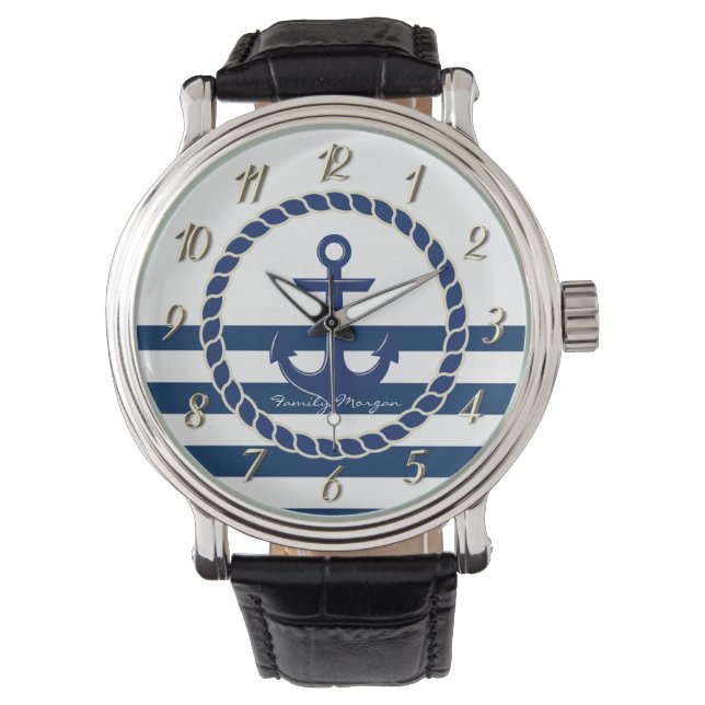 Montre Nom du bateau nautique, Ancre Marine Bleu rayé (devant)