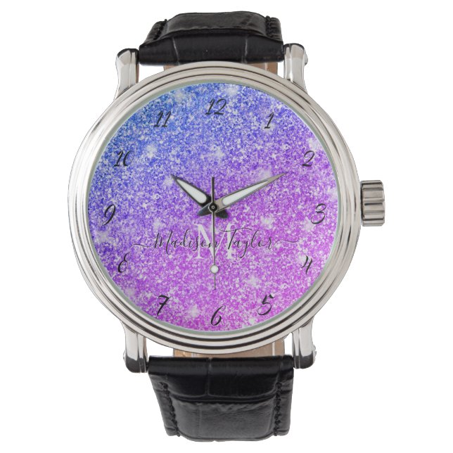 Montre Nom du monogramme de la Parties scintillant rose e (devant)
