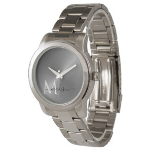 Montre Nom du script métallique métallique radial argenté