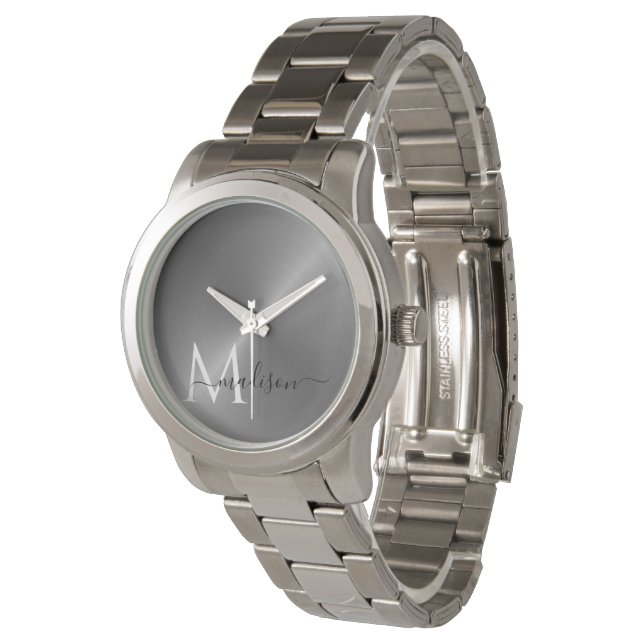 Montre Nom du script métallique métallique radial argenté (Incliné)