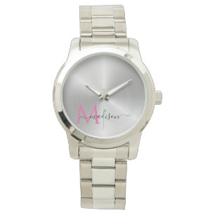 Montre Nom du script radial en platine poli