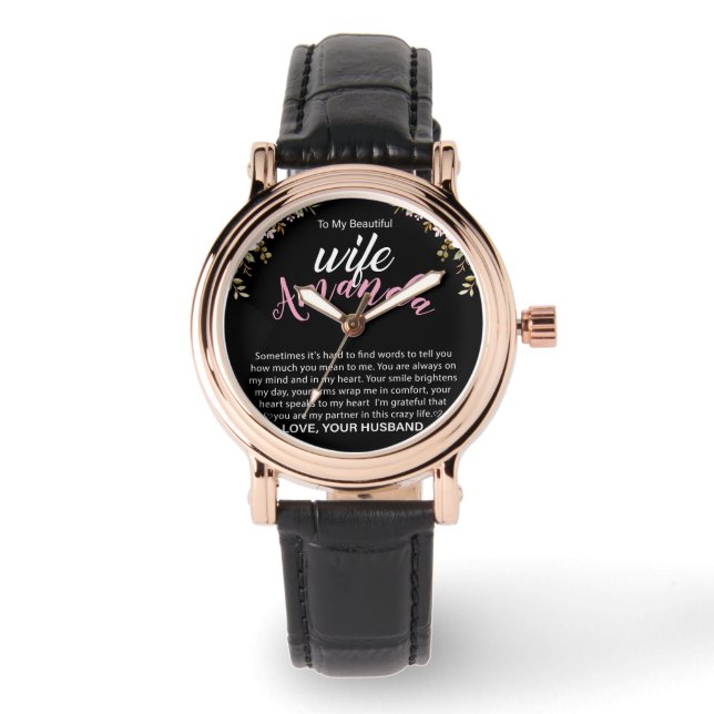Montre Nom personnalisé avec message rose pour femme (Recto)