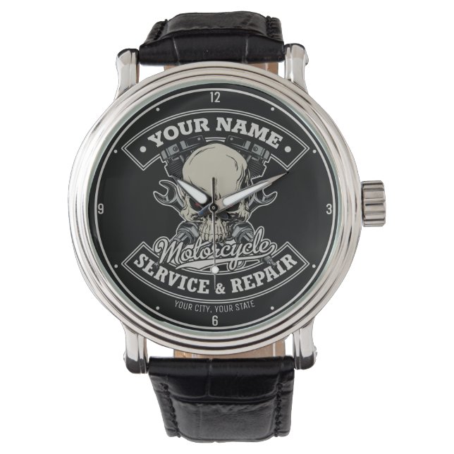 Montre Nom personnalisé Biker Mécanique Skull Motorcycle  (devant)