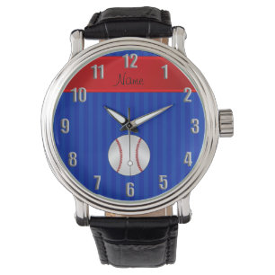Montre Nom personnalisé bleu rayures baseball
