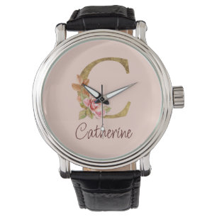 Montre Nom personnalisé Blush Rose Fleur Lettre C en Or