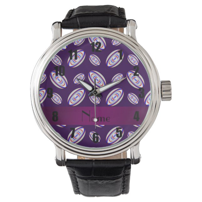 Montre Nom personnalisé boules de rugby violet (devant)