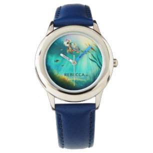 Montre Nom personnalisé Cute Turtle Ocean Arrière - plan