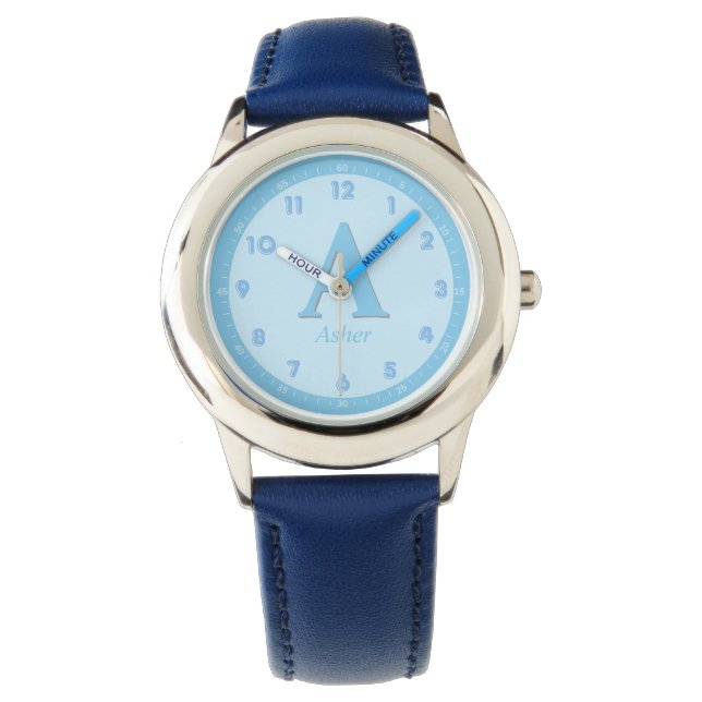 Montre Nom personnalisé Elegant Baby Blue Kids Monogramme (devant)