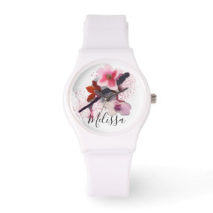 Montre Nom personnalisé Élégante Fleur de cerisier rose