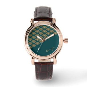 Montre Nom personnalisé floral brun sur vert pin