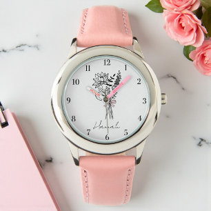 Montre Nom Personnalisé Floral Rose pour les filles