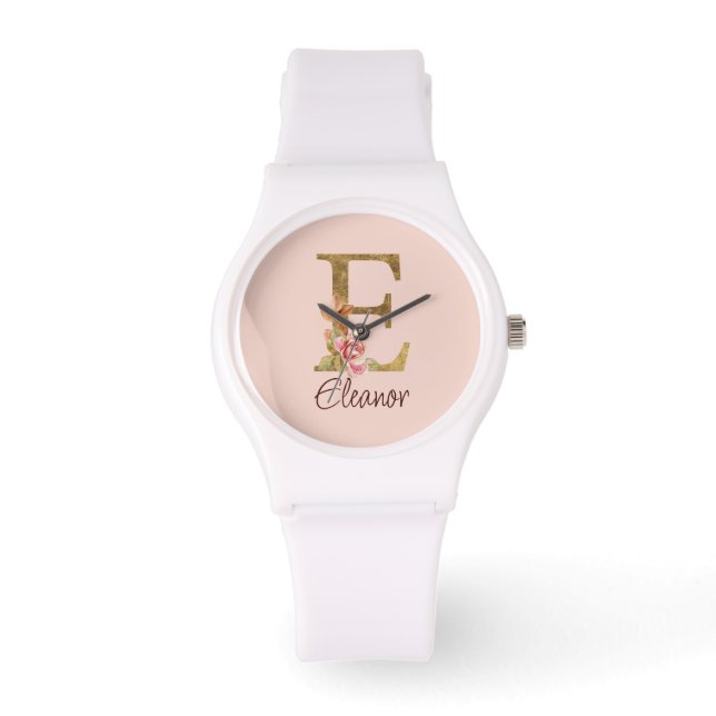 Montre Nom Personnalisé Lettre E Gold Foil Blush Rose (Recto)