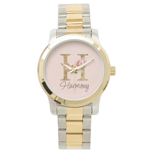 Montre Nom Personnalisé Lettre H Gold Foil Blush Rose (devant)