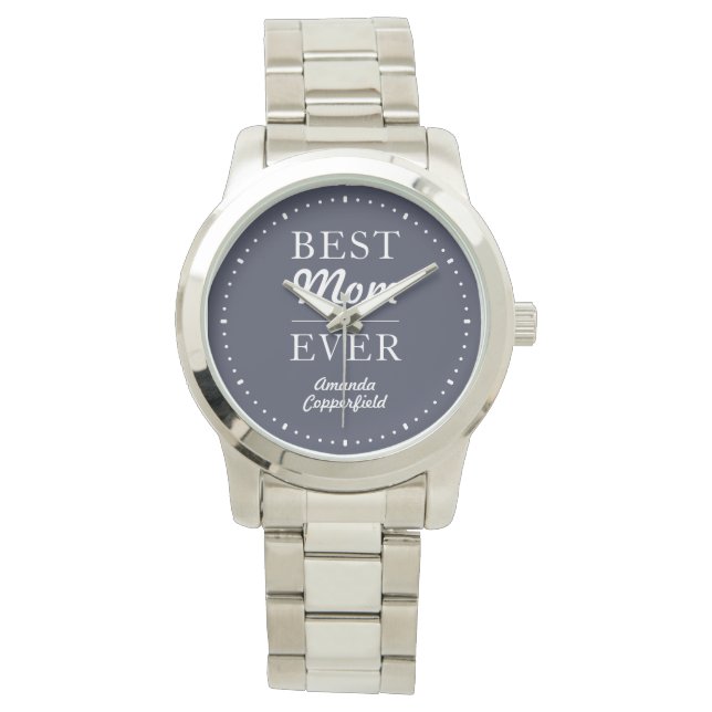 Montre Nom personnalisé Meilleure maman Ever Bleu Argent (devant)
