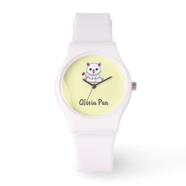 Montre Nom personnalisé mignon chat blanc sur jaune (Recto)