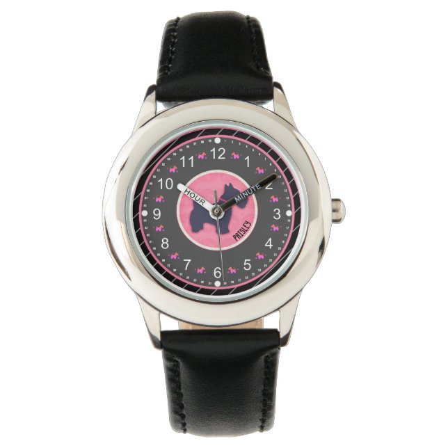 Montre Nom personnalisé mignon chien rose noir (devant)