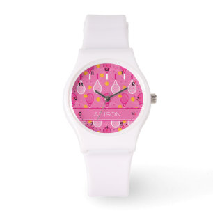 Montre Nom personnalisé motif de raquette de tennis rose 