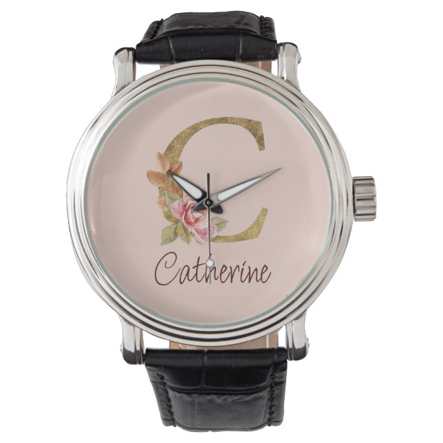 Montre Nom personnalisé Or Feuille Rose Rose Clair Lettre (devant)
