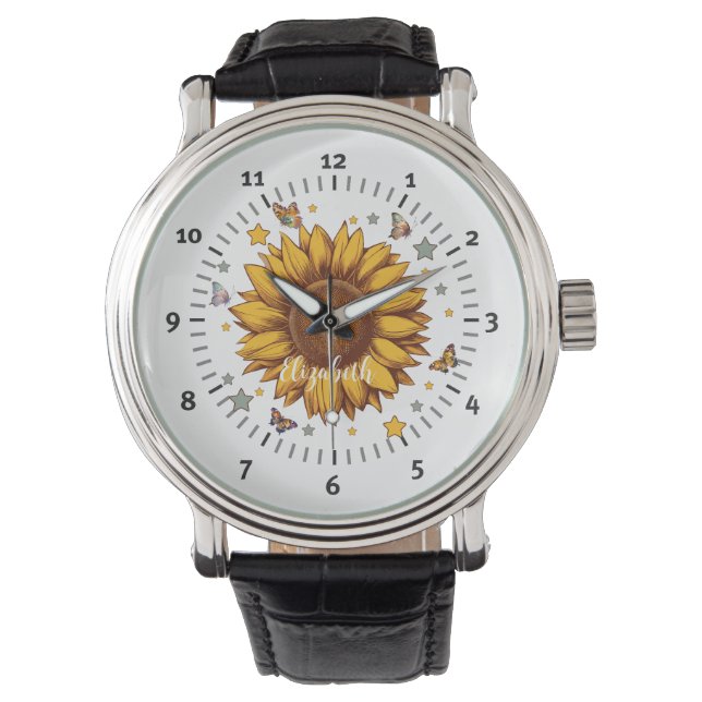 Montre Nom personnalisé pour fille rétro cadeau tournesol (devant)