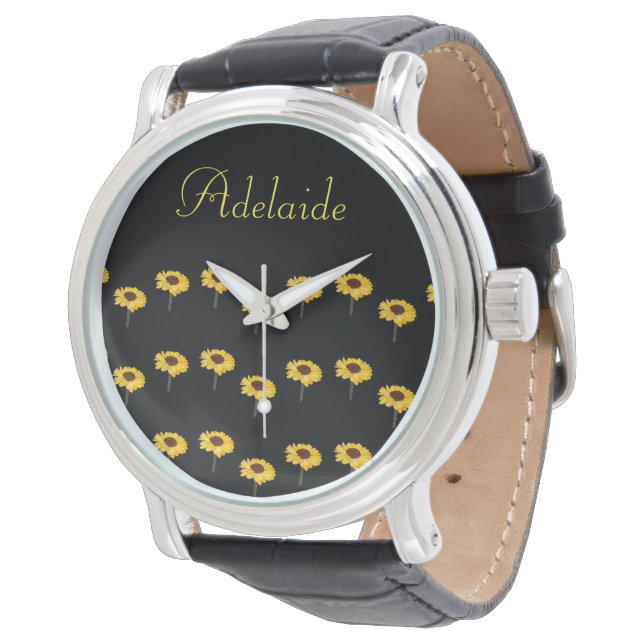Montre Nom personnalisé tournesols jaunes sur noir (Incliné)