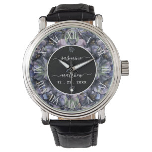 Montre Noms de Couple de Mariage Floral Noir Classique Hu