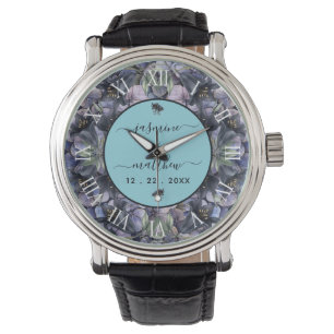 Montre Noms de Couple Floral Noir Classique Mariage