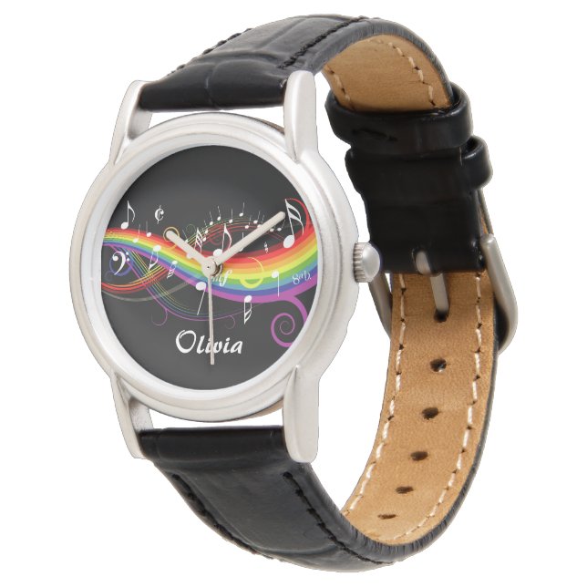 Montre Notes de musique blanc arc-en-ciel personnalisées  (Incliné)